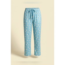 Mataş Kadın Tek Alt Pijama Büyük Beden Milan Kumaş Lastikli Bel Bağcıklı Mavi Papatya Desenli Homewear Ev Giyim