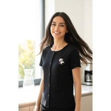 Kadın Ayıcık Desenli Bambu Viskon Kısa Kollu Soft Örme Pijama Takımı