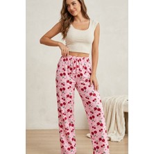 Mataş Kadın Tek Alt Pijama Büyük Beden Milan Kumaş Lastikli Bel Bağcıklı Pembe Vişne Desenli Homewear Ev Giyim
