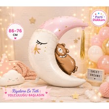 Parti Dükkanı Ay ve Uyuyan Ayıcık Folyo Balon 86X76 cm Pembe Helyum Uyumlu Baby Shower Hoş Geldin Bebek Doğum Günü Parti Süsü