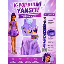 Bemora Kids Kpop Huntrix Mor Etek Bluz Alt Üst 2 Li Takım Şort Etek + Kpop Huntrix  Rumi Mor Simli Saç + Yüz Taşı + Mor Saç Tozu Seti