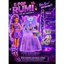 Bemora Kids Kpop Huntrix Mor Etek Bluz Alt Üst 2 Li Takım Şort Etek +Rumi Mor Simli Saç + Yüz Taşı + Mor Saç Tozu+ Eldiven + Kpop Ayakkabı  Seti