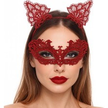 AyrStore Şık Kırmızı Dantel Maske ve Taç Seti 5 No – Maskeli Balo & Özel Etkinlikler