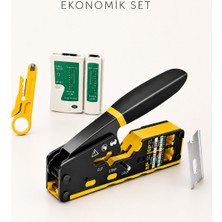 Profesyonel RJ45 Sıkma Pensesi - Cat5, Cat6, Cat7 Uyumlu + Test Cihazı + Yedek Bıçağı + Mini Kablo Sıyırıcı