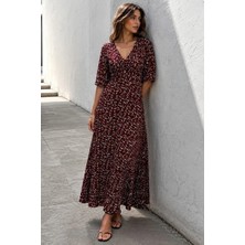 Bordo Çiçek Desenli  Yarım Kollu Elbise MG2390