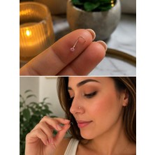 925 Ayar Gümüş Pembe Taşlı Sarı Burun Hızması L Tipi Minimal Unisex Nose Stud Piercing