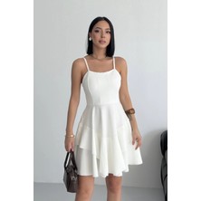 Alfudo Moda Collection Ince Askılı Eteği Kat Detay Beyaz Abiye Mezuniyet Elbisesi