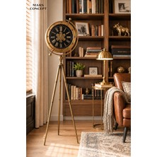 Mars Concept Eskitme Metal Çarklı Tripod Saat │eskitme Altın Modern Salon Yer Saati , 40 x 150 cm