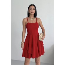 Alfudo Moda Collection Ince Askılı Eteği Kat Detay Kırmızı Abiye Mezuniyet Elbisesi