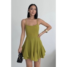 Alfudo Moda Collection Ince Askılı Eteği Kat Detay Yağ Yeşili Abiye Mezuniyet Elbisesi