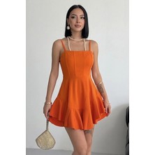 Alfudo Moda Collection Ince Askılı Eteği Kat Detay Turuncu Abiye Mezuniyet Elbisesi