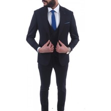 Jan Carlucci Slim Fit Sivri Yaka-Çift Yırtmaç  Düz Lacivert  Drop 6 Yelekli Takım Elbise