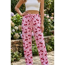 Büyük Beden Tek Alt Pijama Yumuşak Milan Kumaş Ipli Bel Pembe Vişne Baskılı Meyve Loungewear Pantolon