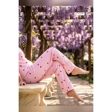 Büyük Beden Tek Alt Pijama Yumuşak Milan Kumaş Ipli Bel Beyaz Çizgili Kalpli Pijama Loungewear Pantolon