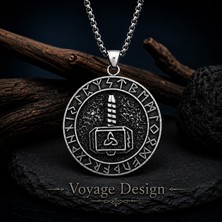 Voyage Accessory Paslanmaz Çelik Antik Gümüş Renk Rune Harf Detaylı Thor Çekici Mjölnir Viking Kolye