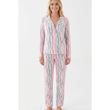 Çizgili Milano Örme Önden Düğmeli Gömlek Yaka Uzun Kollu Pijama Takımı
