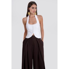 Thalure Kadın Beyaz Halter Yaka Crop Yelek