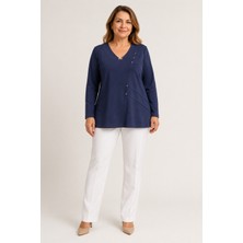 Bihan Store Kadınv Yaka Uzun Kol Penye Bluz Kesik Model Y26-610-LACIVERT