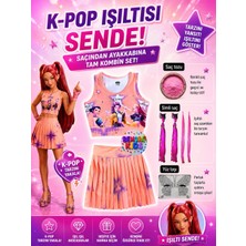 Bemora Kids Kpop Huntrix Pembe Etek Bluz Alt Üst 2 Li Takım Şort Etek + Kpop Huntrix Mira Pembe Simli Saç + Yüz Taşı + Pembe Saç Tozu Seti