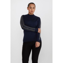 Kazee Kadın Kolları Taş Detaylı Triko Kazak 30564 Lacivert