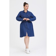 Gül Moda Büyük Beden Düğmeli Kot Elbise Lacivert G089-1