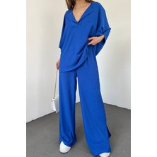 Woman Vision Saks Mavi Gofre Kumaş Yarasa Kol Tasarım V Yaka Bluz ve Pantolon Oversize Ikili Takım 9581
