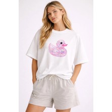 Premium Oversize %100 Pamuk Unisex Baskılı Tişört Party Quack