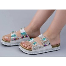 Bags Shoes Guja 25y103 Kadın Yüksek Mantar Taban Taşlı Çift Bant Terlik