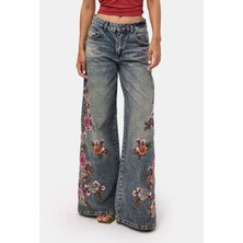 It's Basic Kadın Tint 4w6-8 Palazzo Fit Özel Çiçek Nakış Tasarım Denim Jean