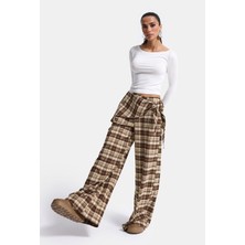 It's Basic Kadın Kahve Ekose w6-16 Palazzo Fit Etek Detaylı Tasarım Pantolon