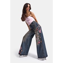 It's Basic Kadın Kot Rengi 4w6-85 Palazzo Fit Renkli Nakış Özel Tasarım Denim Jean