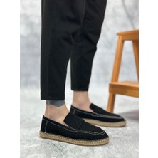 ET0359 Doğal Deri Tozu Bağcıksız Kauçuk El Yapımı Espadril Taban Siyah Renk Erkek Ayakkabı