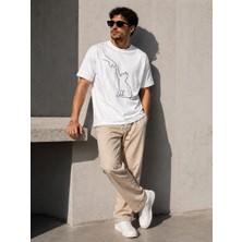 Vexor Erkek Minimal Kedi Çizim Baskılı Tişört Kısa Kol Yazlık T-Shirt - Beyaz