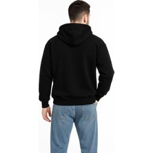 Vexor Erkek Kapüşonlu 3 Iplik Şardonlu Önü Baskılı Fermuarlı Oversize Sweatshirt - Siyah