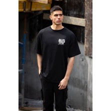 Vexor Erkek Kısa Kol Yazlık Tişört Bisiklet Yaka Baskılı Oversize T-Shirt - Siyah