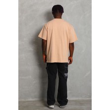 Vexor Erkek Düz Yazlık Kısa Kol Tişört Bisiklet Yaka Oversize T-Shirt - Bej