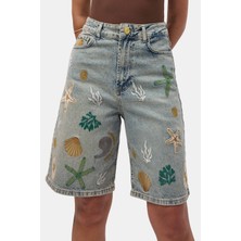 It's Basic Kadın Kot Rengi 4s6-65 Nakışlı Özel Tasarım Bermuda Denim Şort