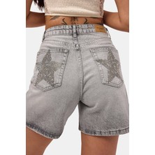 It's Basic Kadın Füme T-4s6-12 Mom Relax Yıldız Detaylı Tasarım Denim Şort
