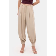 It's Basic Kadın Bej s6-106 Bol Kesim Paça Detaylı Binici Pantolon