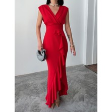 Alfudo Moda Collection Kadın Scuba Dalgıç Kumaş Kruvaze Yaka Eteği Volanlı Abiye Mezuniyet Nikah Elbise