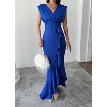 Alfudo Moda Collection Kadın Scuba Dalgıç Kumaş Kruvaze Yaka Eteği Volanlı Abiye Mezuniyet Nikah Elbise