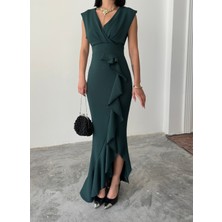 Alfudo Moda Collection Kadın Scuba Dalgıç Kumaş Kruvaze Yaka Eteği Volanlı Abiye Mezuniyet Nikah Elbise