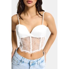 It's Basic Kadın Kırık Beyaz s6-101 Crop Dantel Detaylı Tasarım Büstiyer