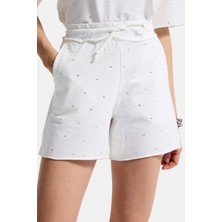 It's Basic Kadın Beyaz T-s6-101 Relax Fit Parlak Taşlı Özel Tasarım Örme Şort