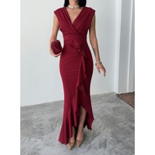 Alfudo Moda Collection Kadın Scuba Dalgıç Kumaş Kruvaze Yaka Eteği Volanlı Abiye Mezuniyet Nikah Elbise