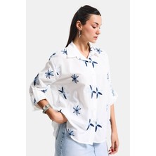 It's Basic Kadın Beyaz Mavi s6-103 Oversize Nakışlı Gömlek