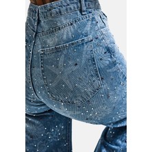 It's Basic Kadın Kot Rengi T-2s6-27 Straight Fit Özel baskılı Kumaş Parlak Taşlı Tasarım Denim Jean