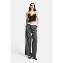 It's Basic Kadın Antrasit s6 Palazzo Fit Boxer Kemer Detaylı Poliviskon Kumaş Pantolon