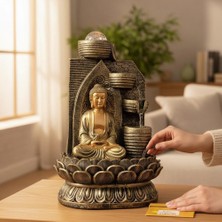 Hediyesahibi Dekoratif Büyük Şelaleli LED Işıklı Buddha Masaüstü Dekoratif Su Çeşmesi – Akan Su Efektli Feng Shui, Meditasyon, Yoga, Ev ve Ofis Dekoru 40CM