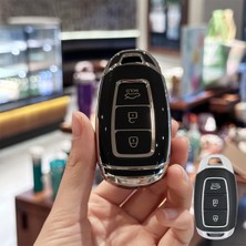 Keyron Hyundai Kona Elantra I10 I20 Santa 2019 ve Üstü Smart 3 Düğmeli Silikon Anahtar Koruma Kılıfı Siyah Gümüş